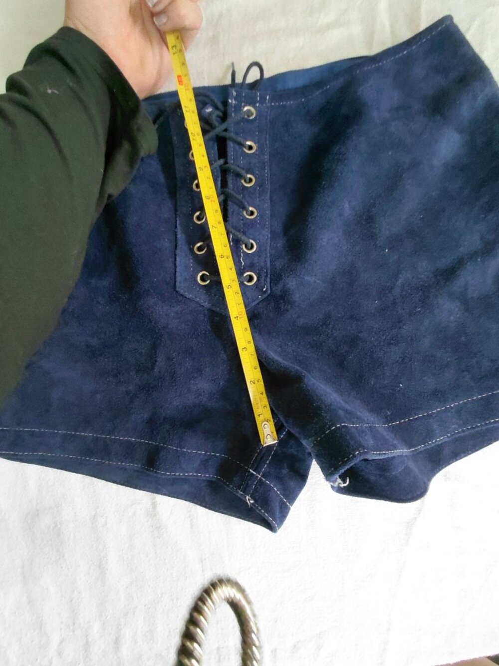 Vintage 60s 70s REAL Blue Suede Lace Up Hot Pants Grommet Shorts - Picture 9 of 12